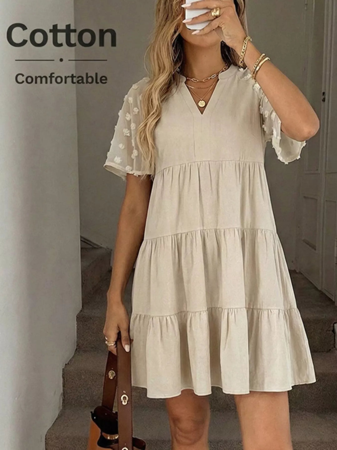 Swiss dot short-sleeve tiered cotton mini dress