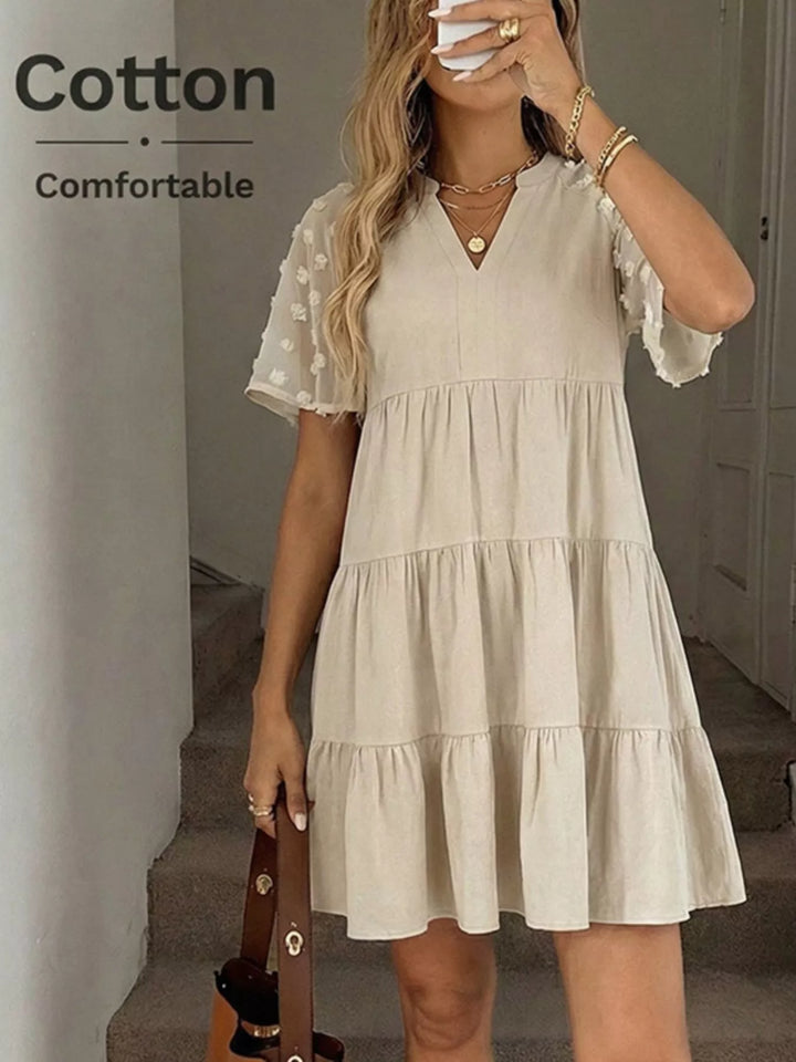 Swiss dot short-sleeve tiered cotton mini dress