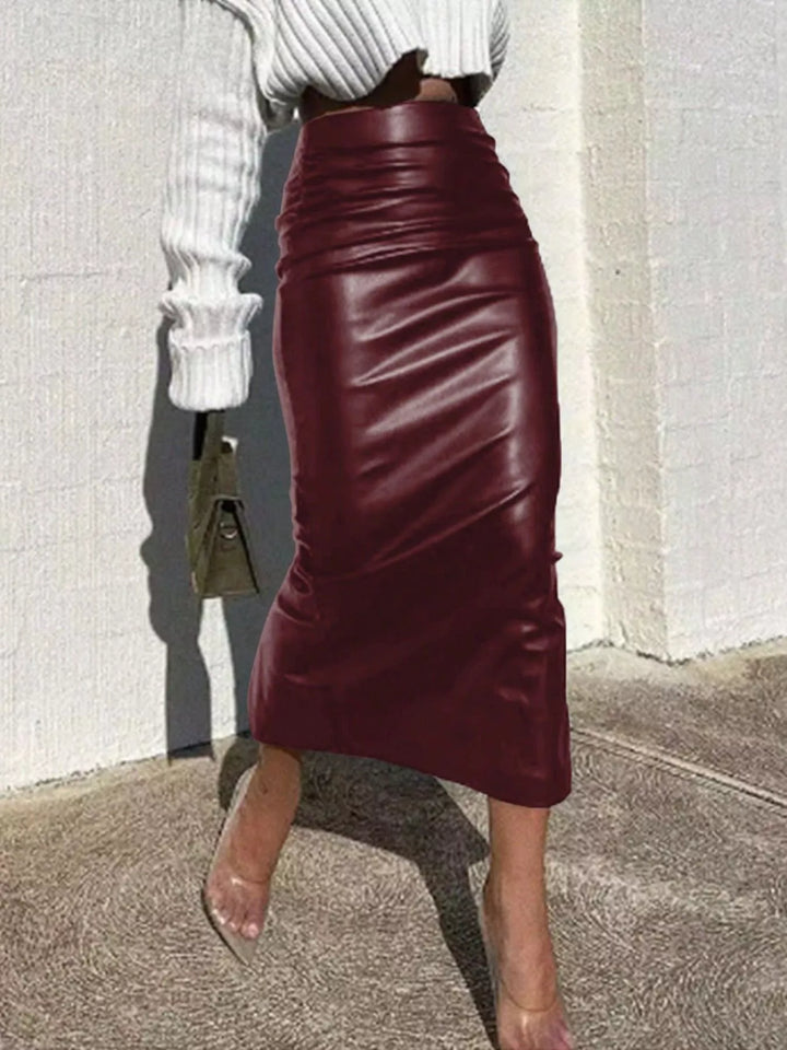 Burgundy High-rise faux leather midi pencil skirt with back slit