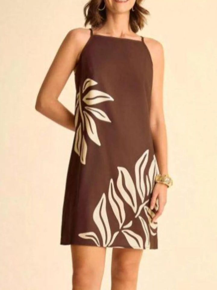 Brown Tropical leaf print sleeveless mini dress