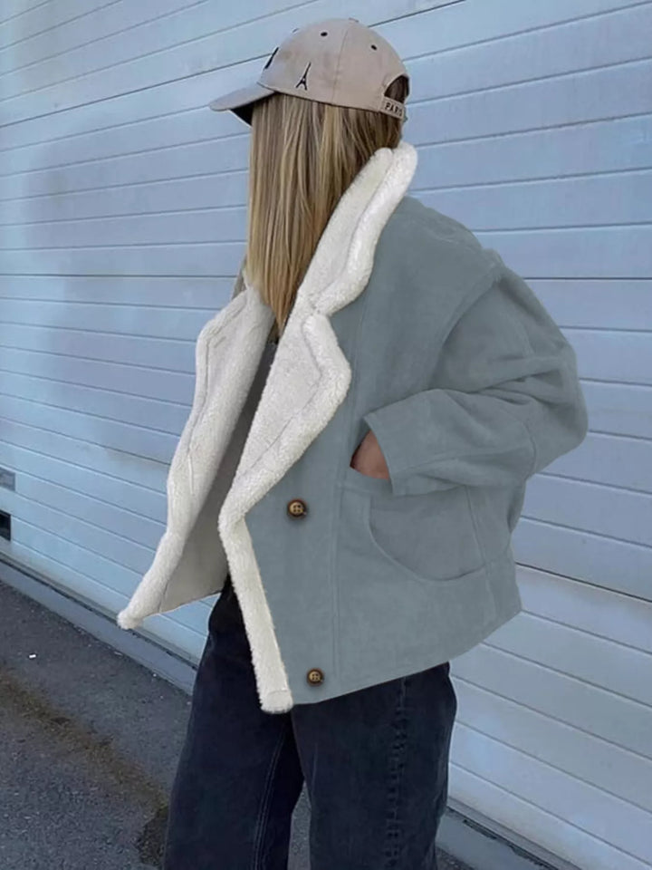 Sherpa-lapel double-breasted drop shoulder fleece coat