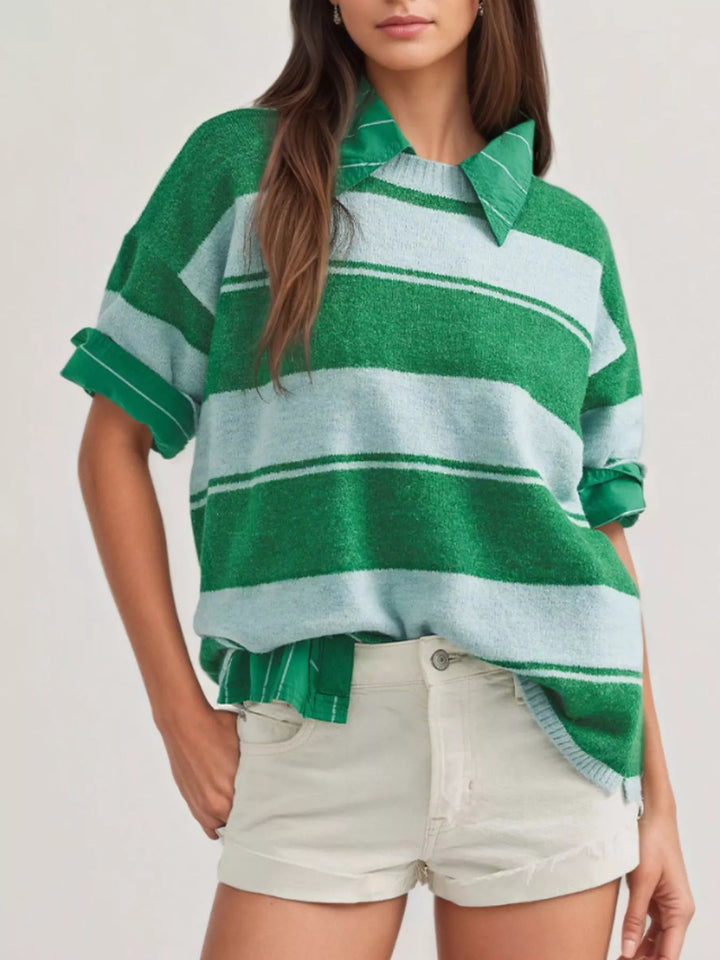 Striped short sleeve knit sweater with ribbed trim