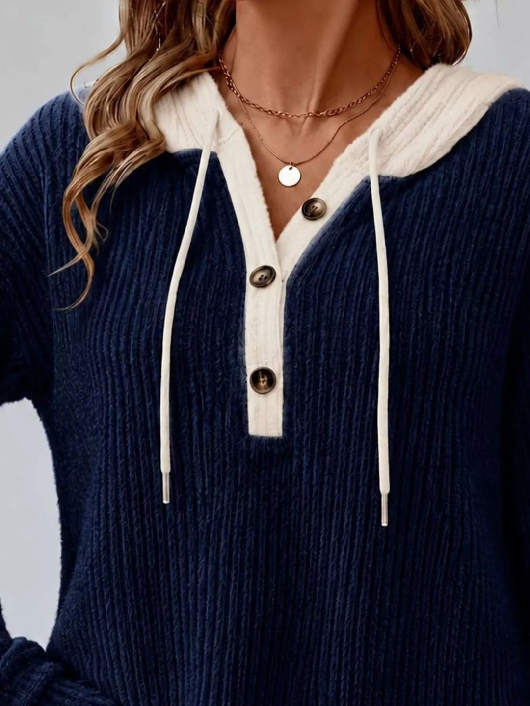 Ribbed knit drawstring hoodie with button henley placket
