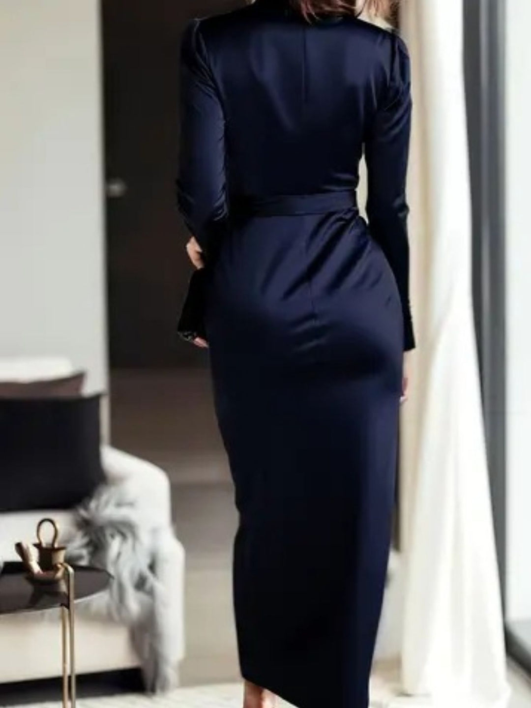 Ruched satin maxi dress with tie waist and long sleeves