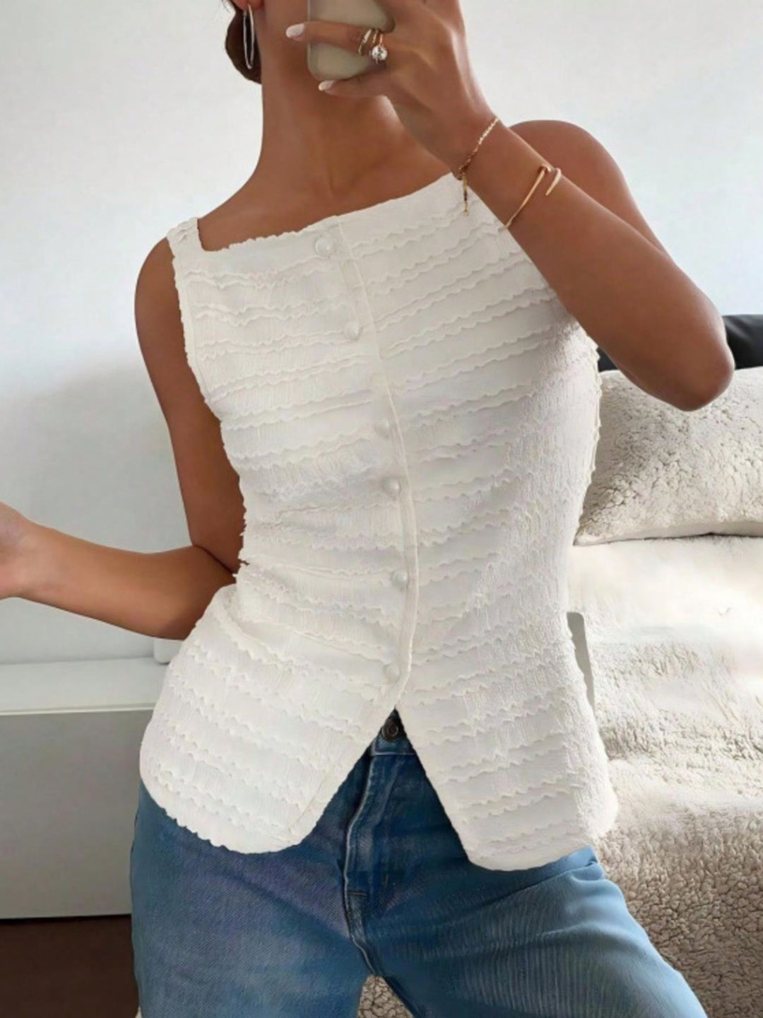 Textured button-front tank with square neck and split hem