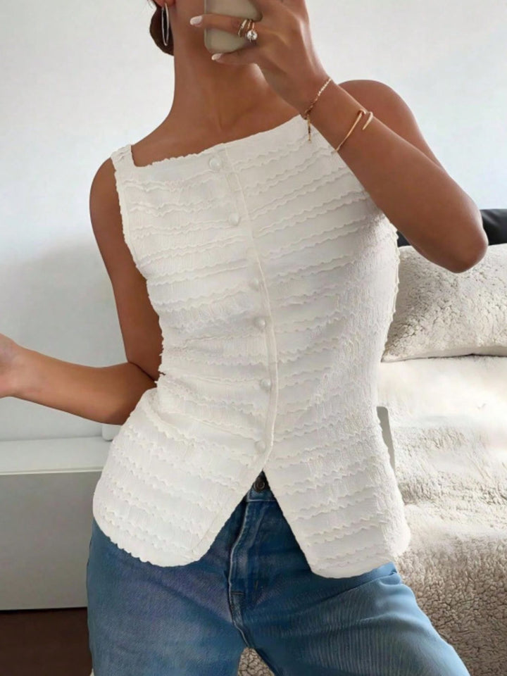 Textured button-front tank with square neck and split hem