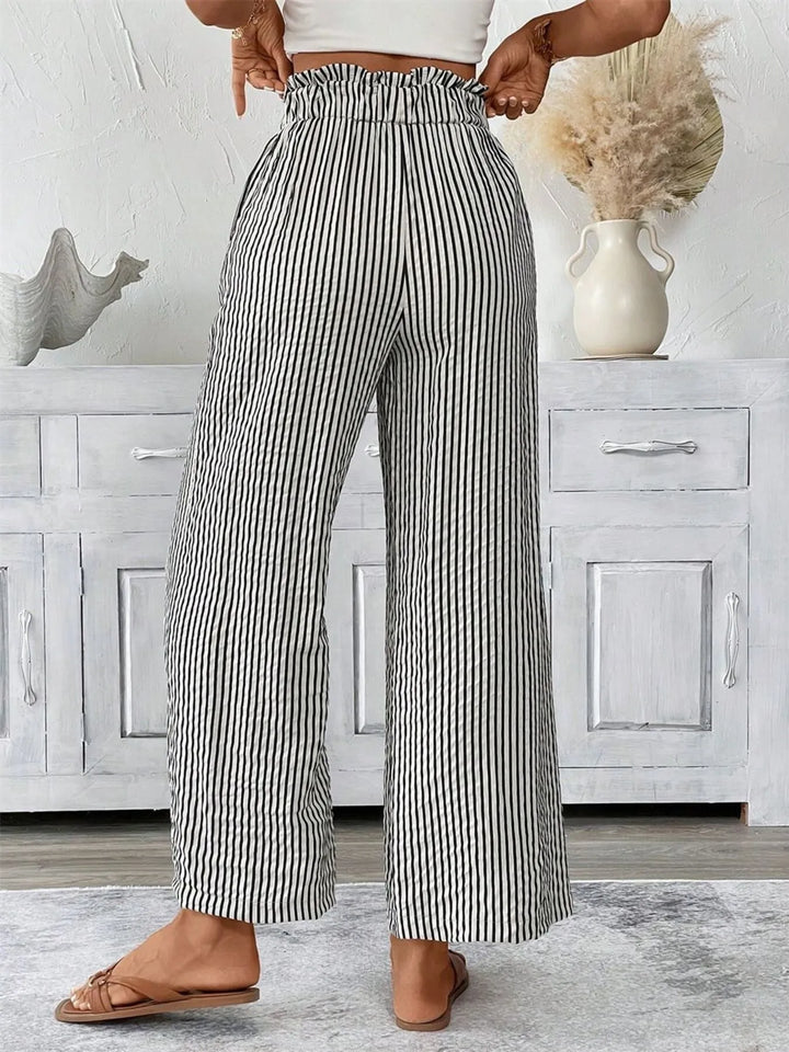 Striped wide-leg paper bag pants with tie belt