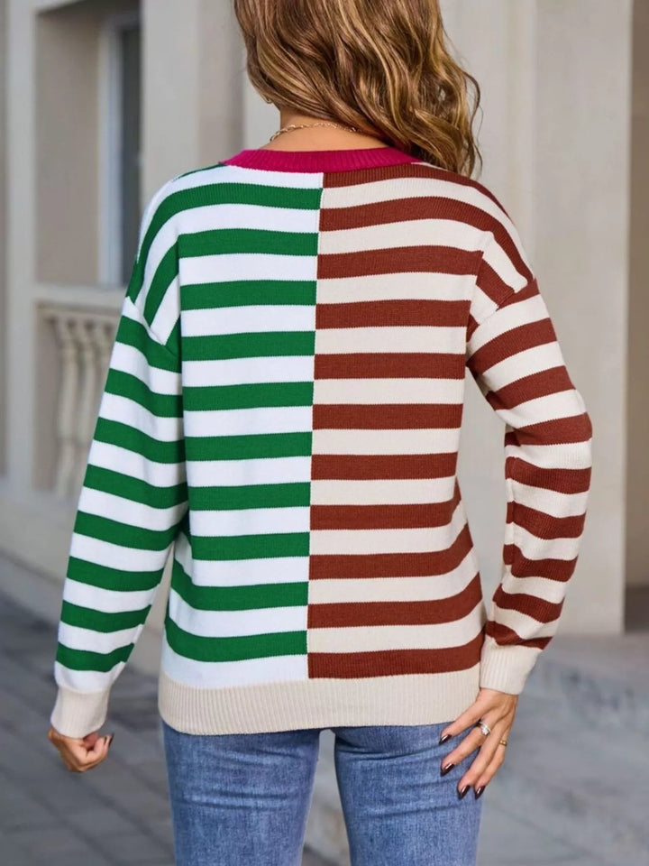 Colorblock striped crewneck sweater with contrast collar