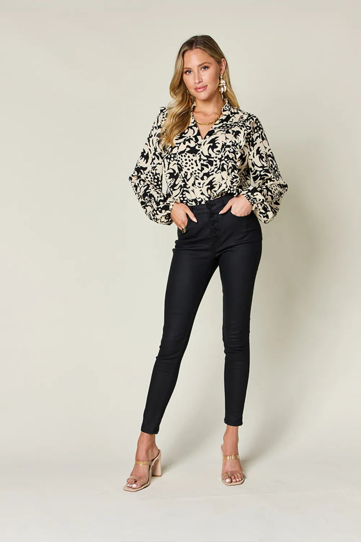 Printed balloon sleeve button-down shirt with ruffle trim