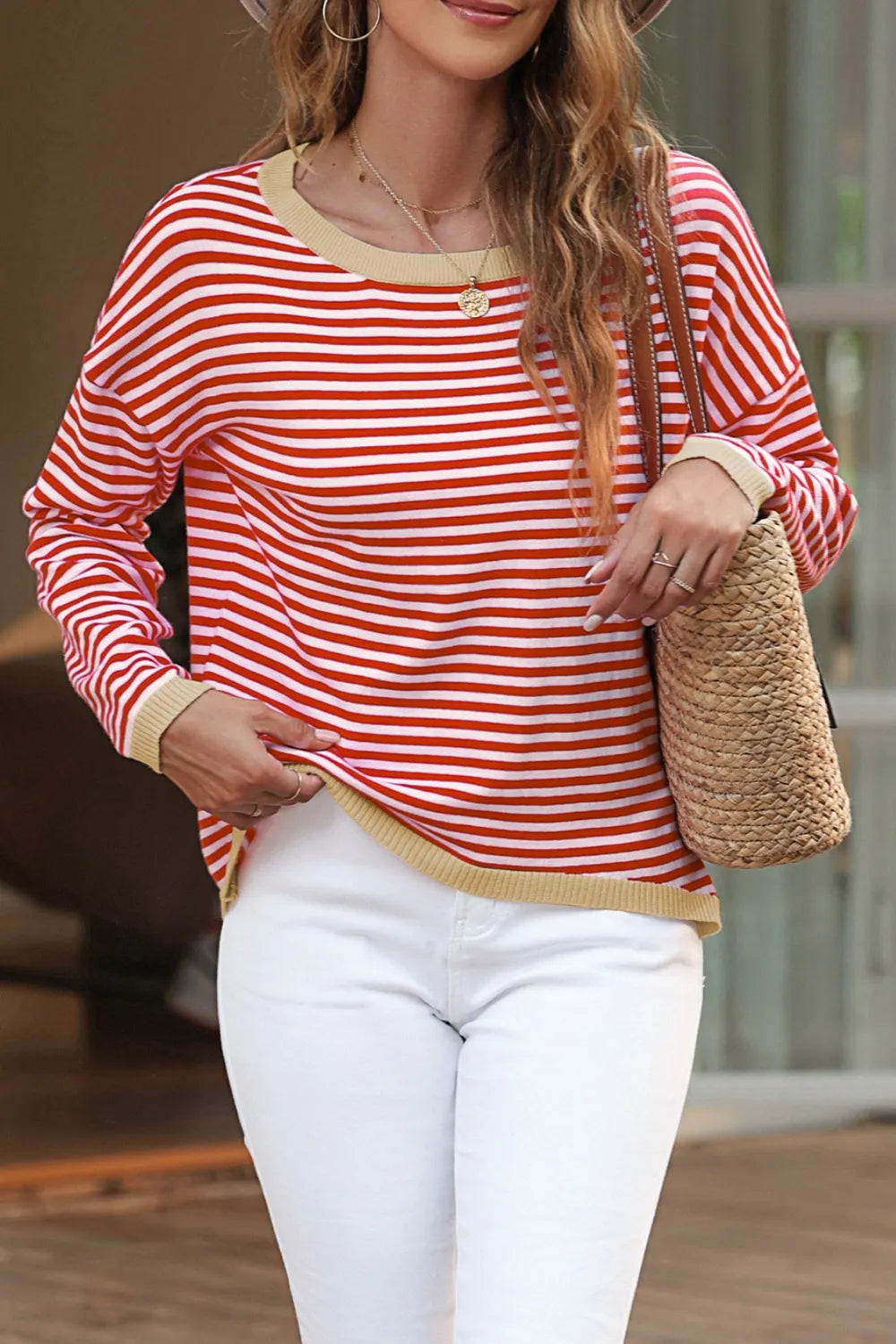Contrast-trim striped drop-shoulder long sleeve knit top