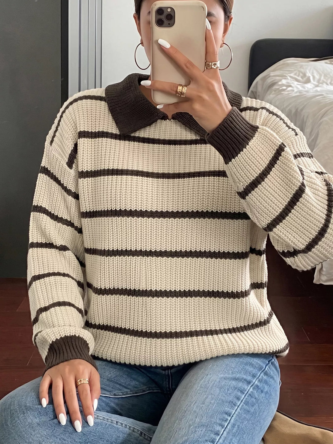 Striped waffle knit polo sweater with contrast collar