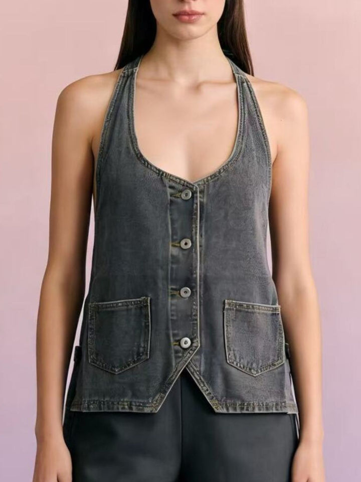 Halter neck button-down denim vest with patch pockets