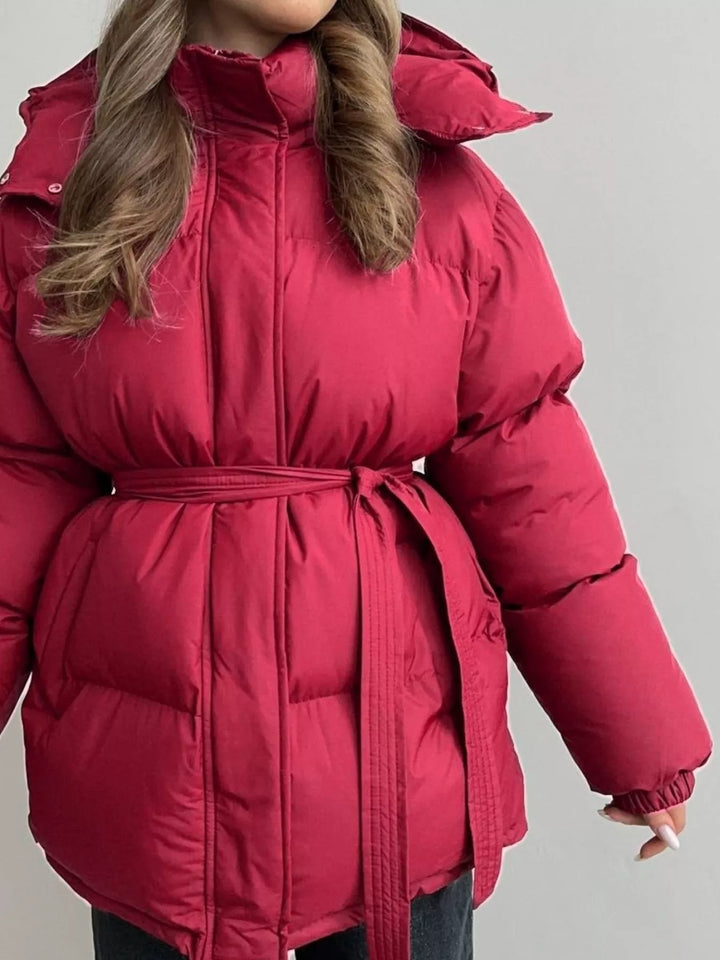 Belted puffer winter coat with snap-off hood