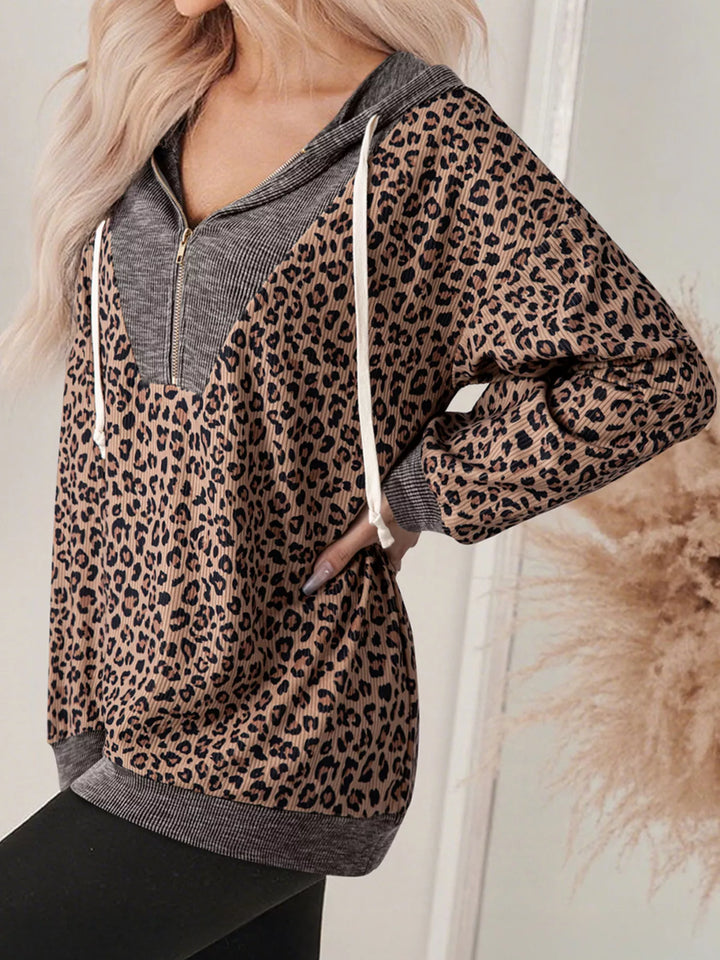 Ribbed leopard print half-zip hoodie with contrast hood
