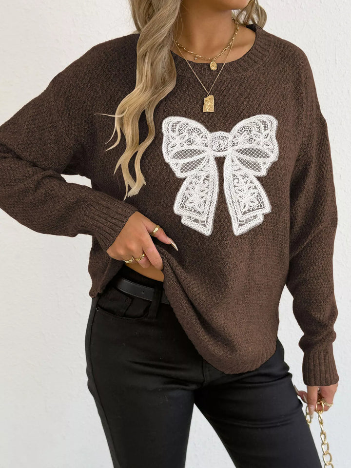 Coffee Lace bow applique crew neck knit sweater