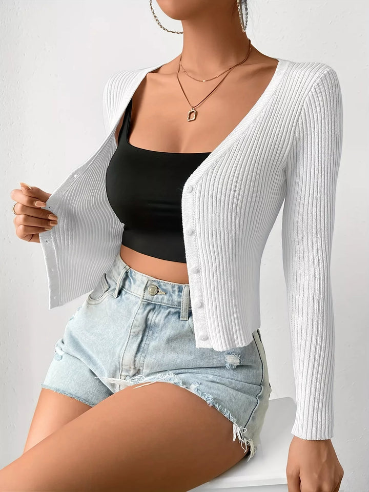 White Cropped ribbed knit button-up cardigan with V-neck