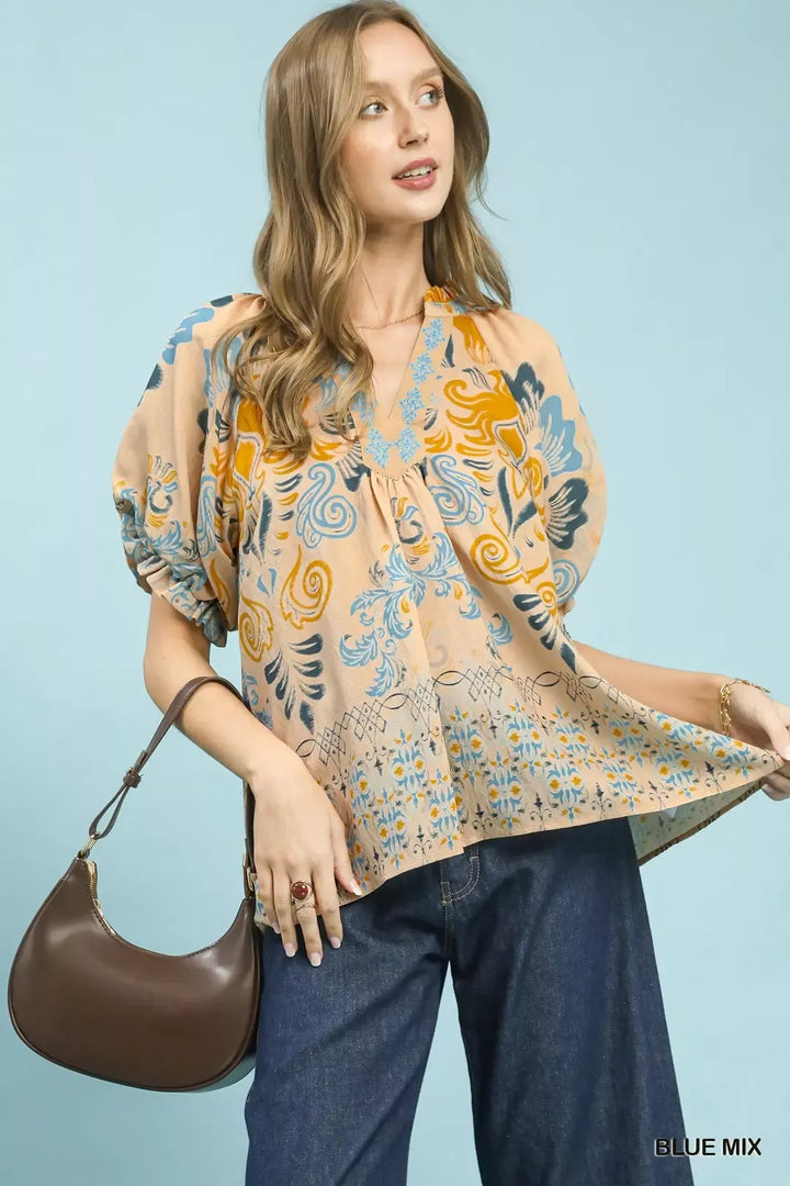 BLUE MIX Border print puff sleeve v-neck blouse with embroidered placket
