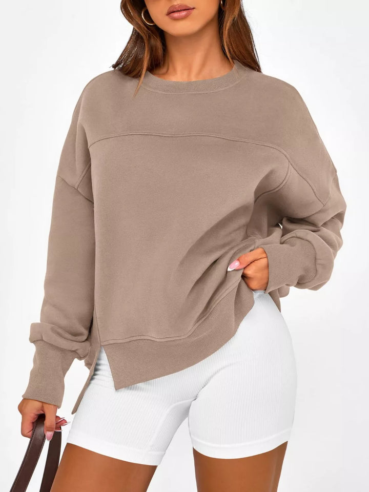 Side slit drop-shoulder relaxed crewneck sweatshirt