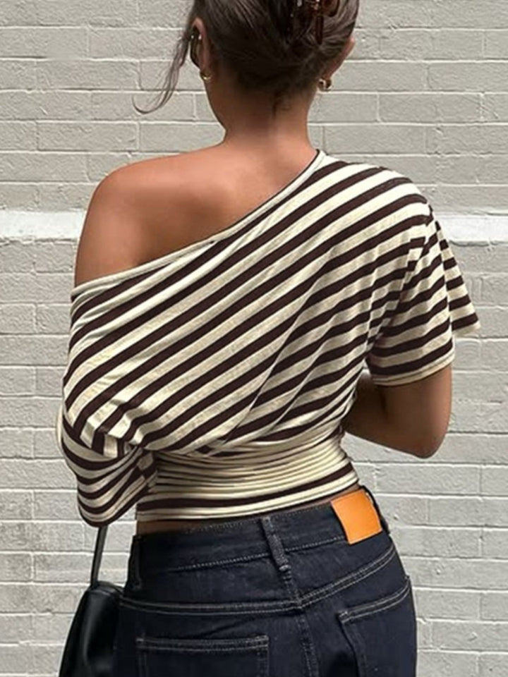 Striped one-shoulder crop top with twist front