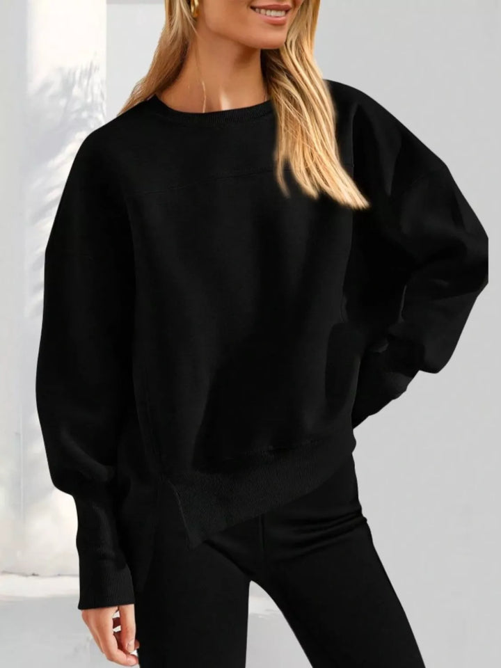 Side slit drop-shoulder relaxed crewneck sweatshirt