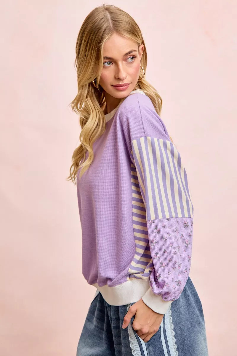 Mix-print waffle knit sweatshirt with striped and floral sleeves