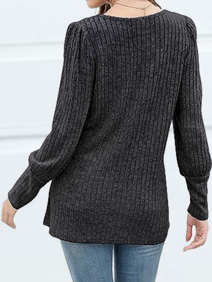 Ribbed knit square neck top with decorative buttons