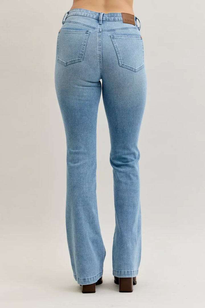 Mid-rise contrast wash bootcut jeans with front patch pockets