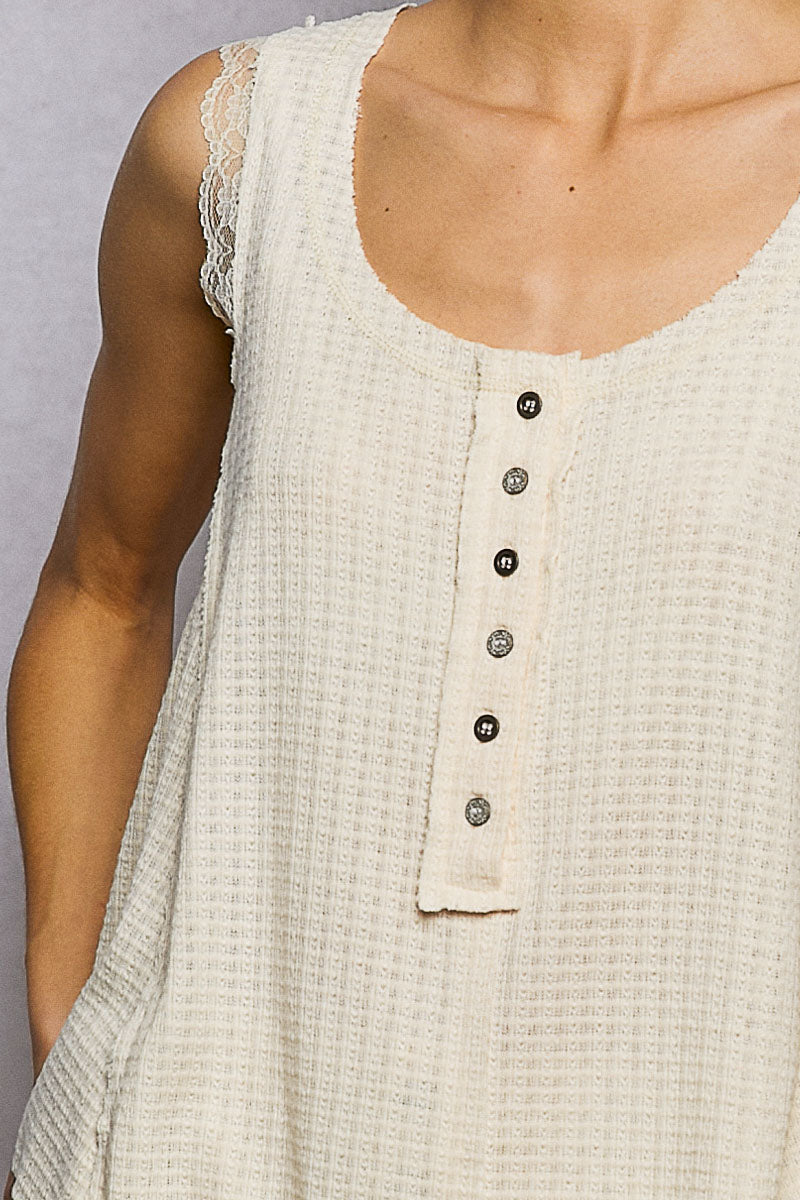 Textured waffle knit tank with lace trim and button placket