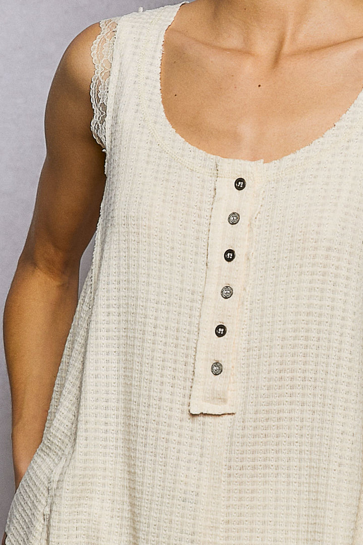 Textured waffle knit tank with lace trim and button placket