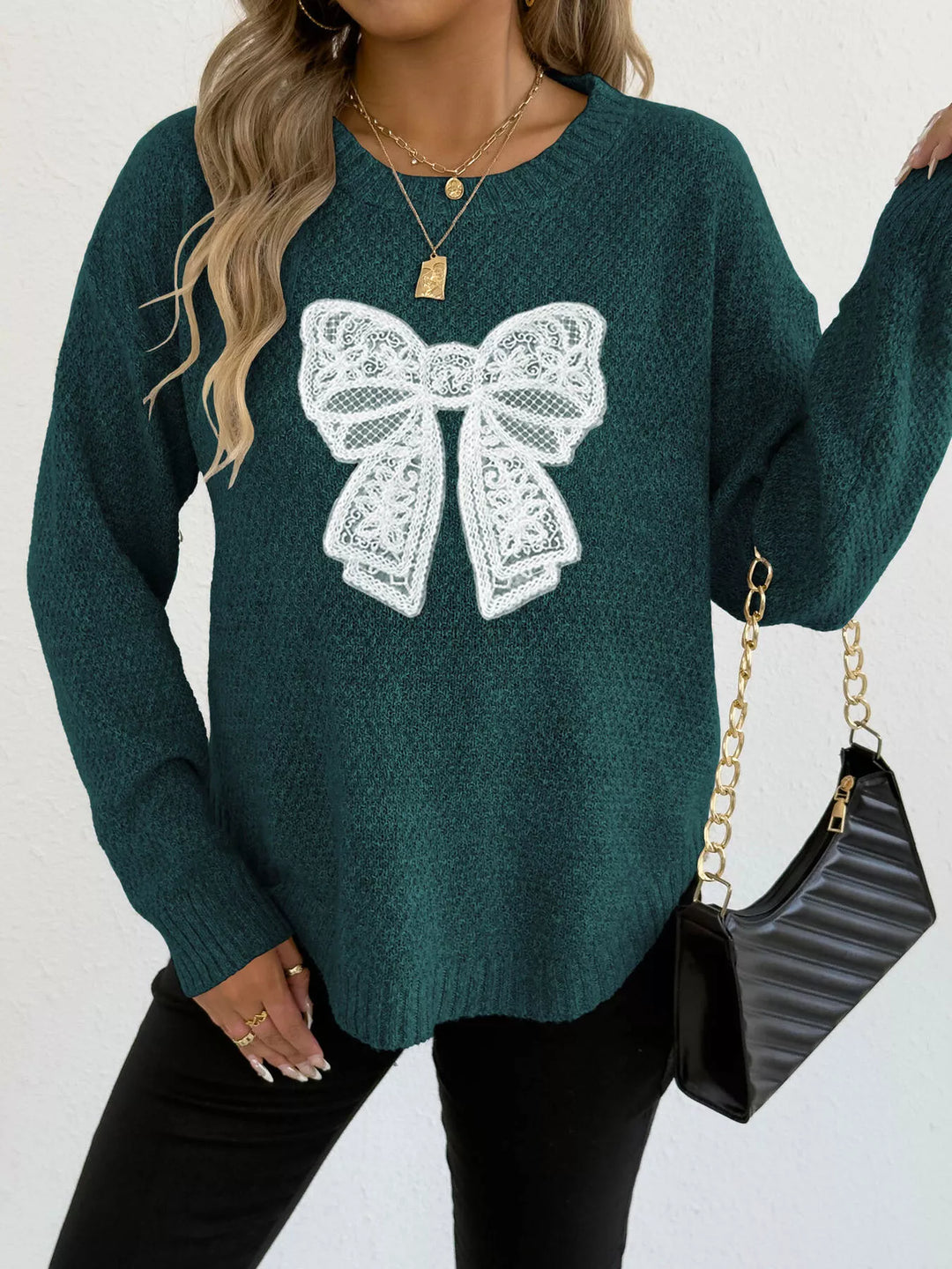 Dark Green Lace bow applique crew neck knit sweater