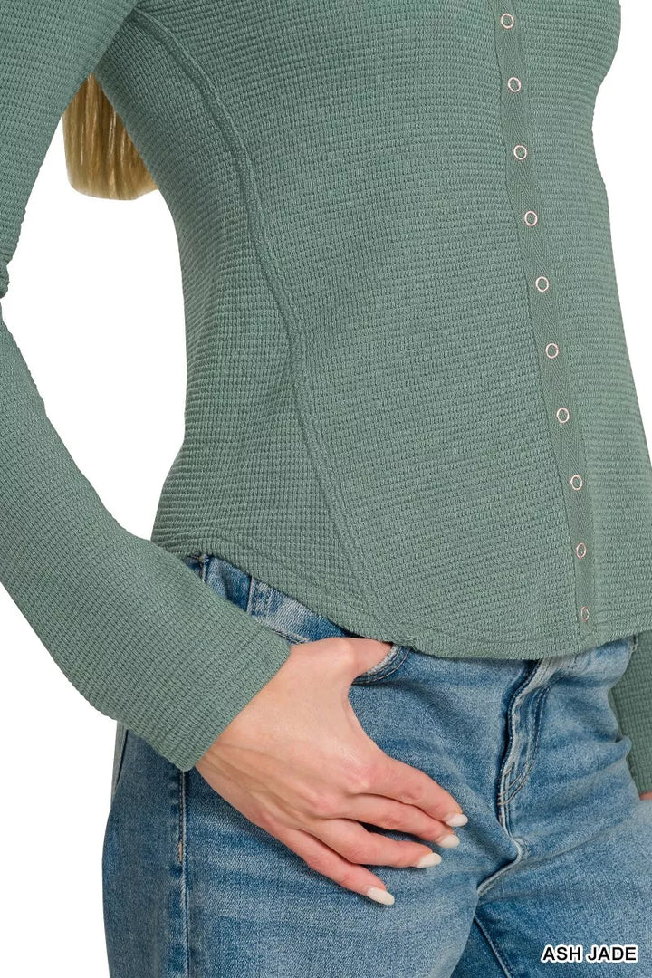Textured double knit snap button long sleeve top