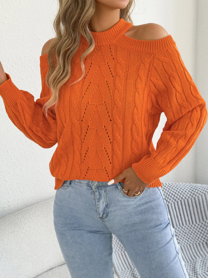 Cold shoulder cable knit mock neck sweater