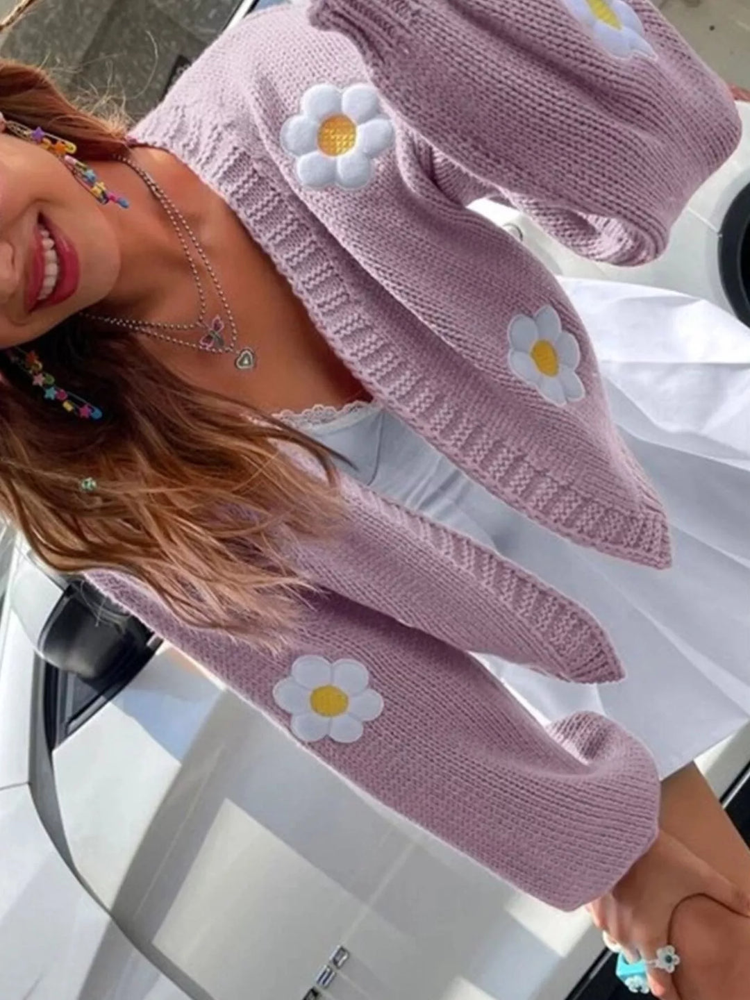 Daisy appliqué open front chunky knit cardigan