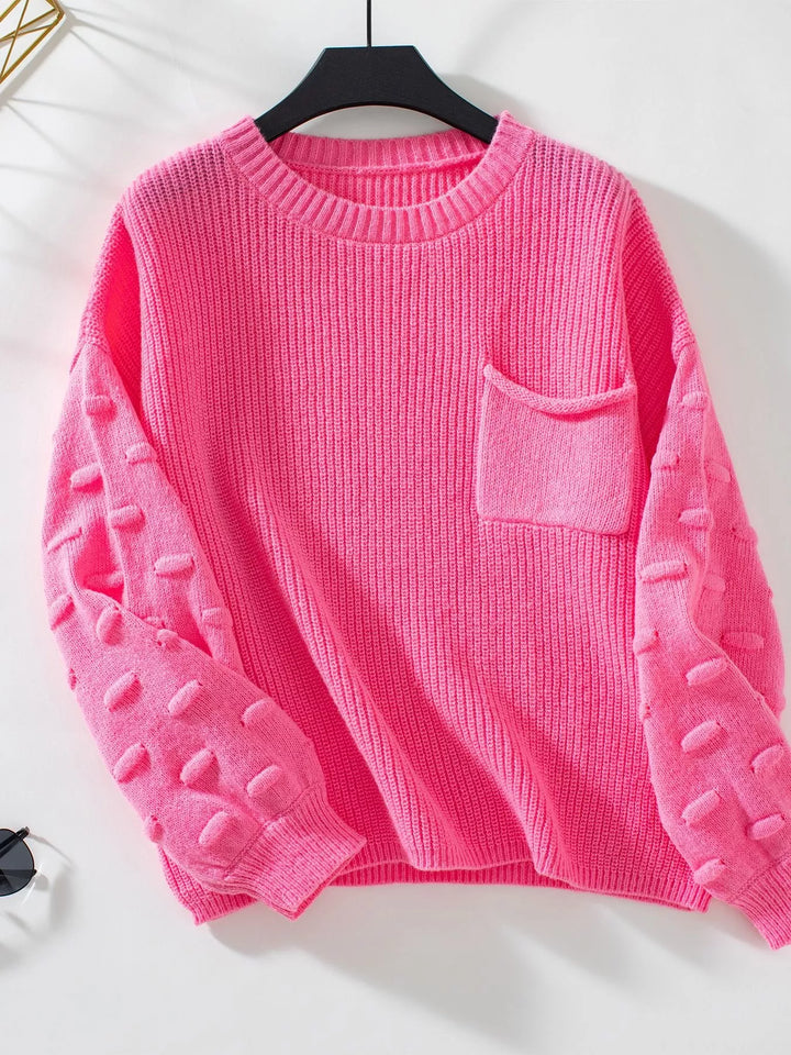 Ribbed knit round neck sweater with chest pocket