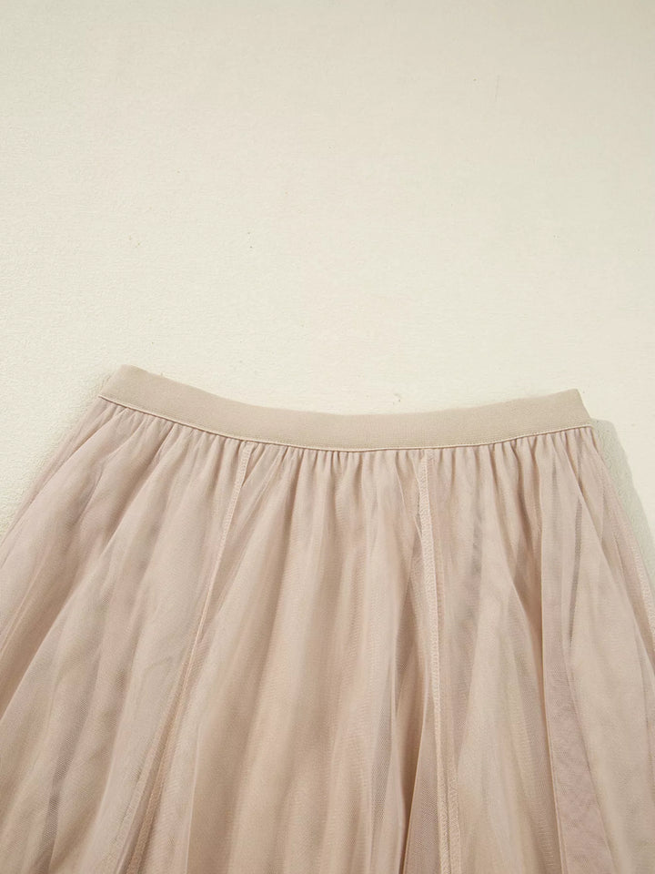 Tulle mesh overlay flared midi skirt with lace underlayer