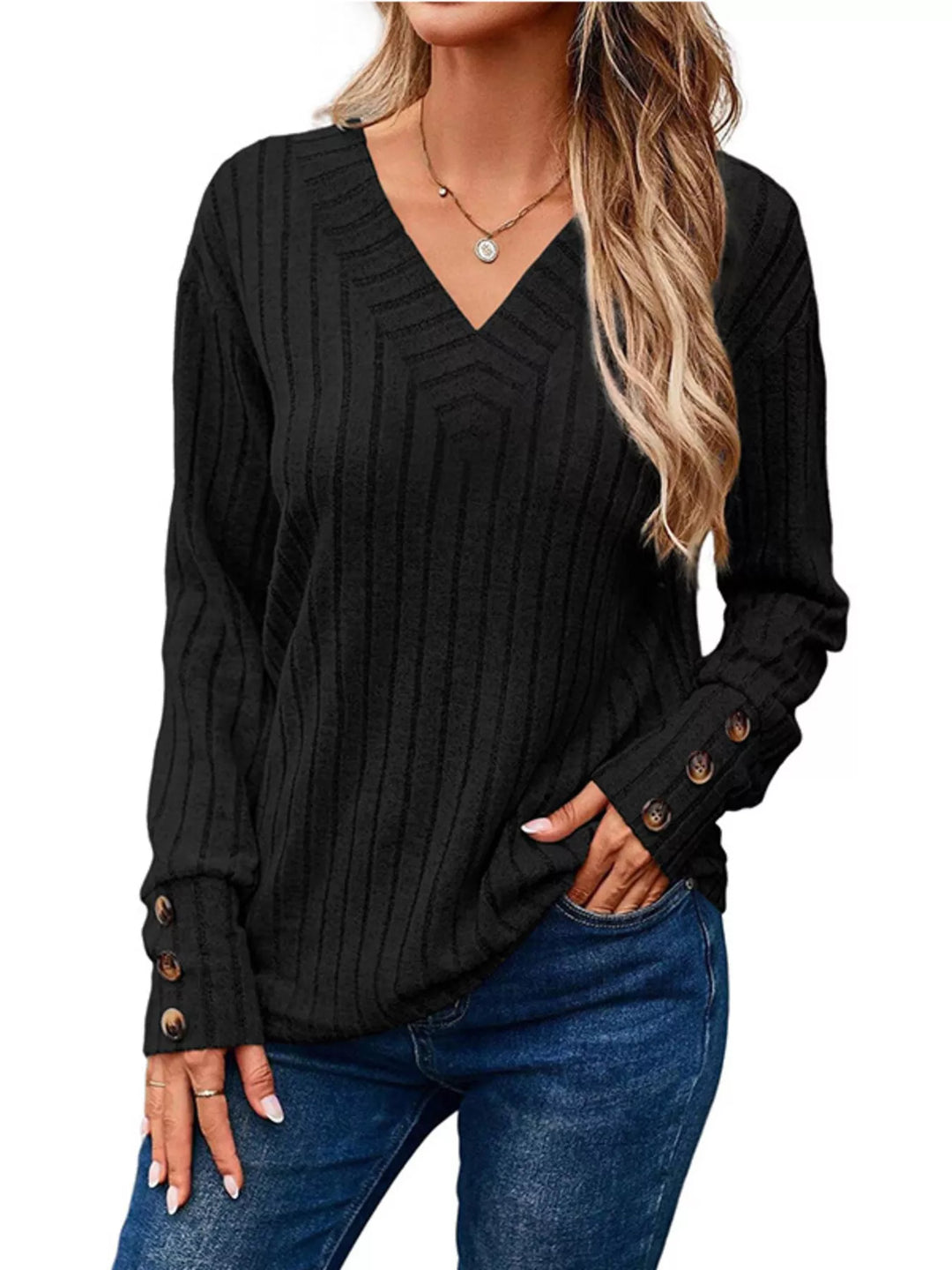 Ribbed knit V-neck top with buttoned cuffs