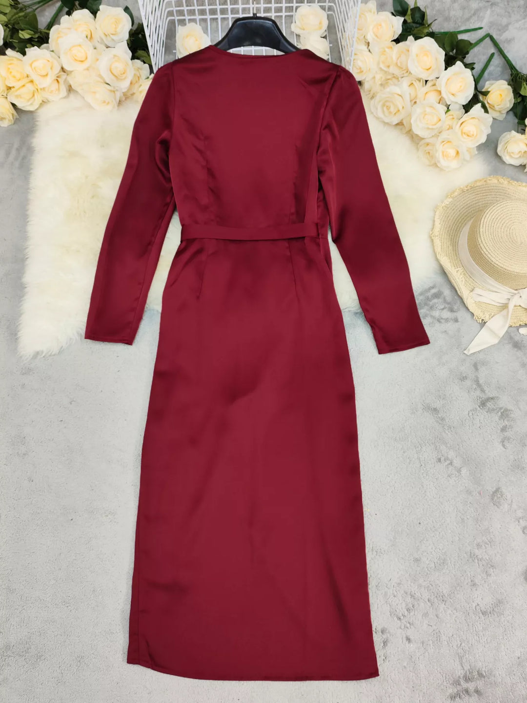 Surplice satin long sleeve maxi dress with tie waist