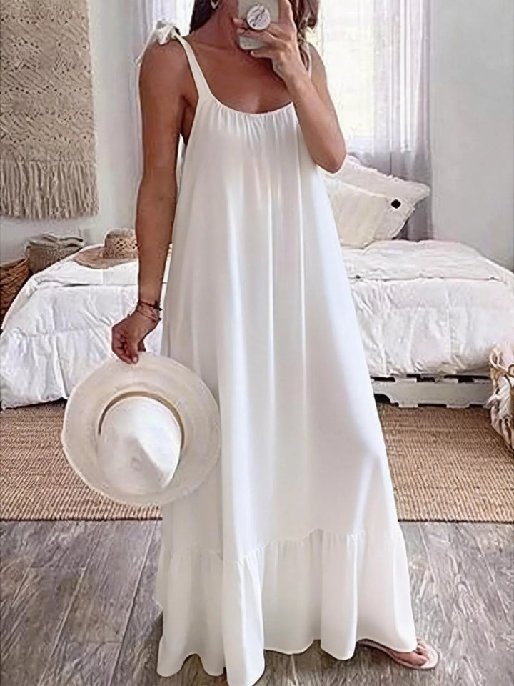 White Tie-strap flowy maxi dress with ruffle hem