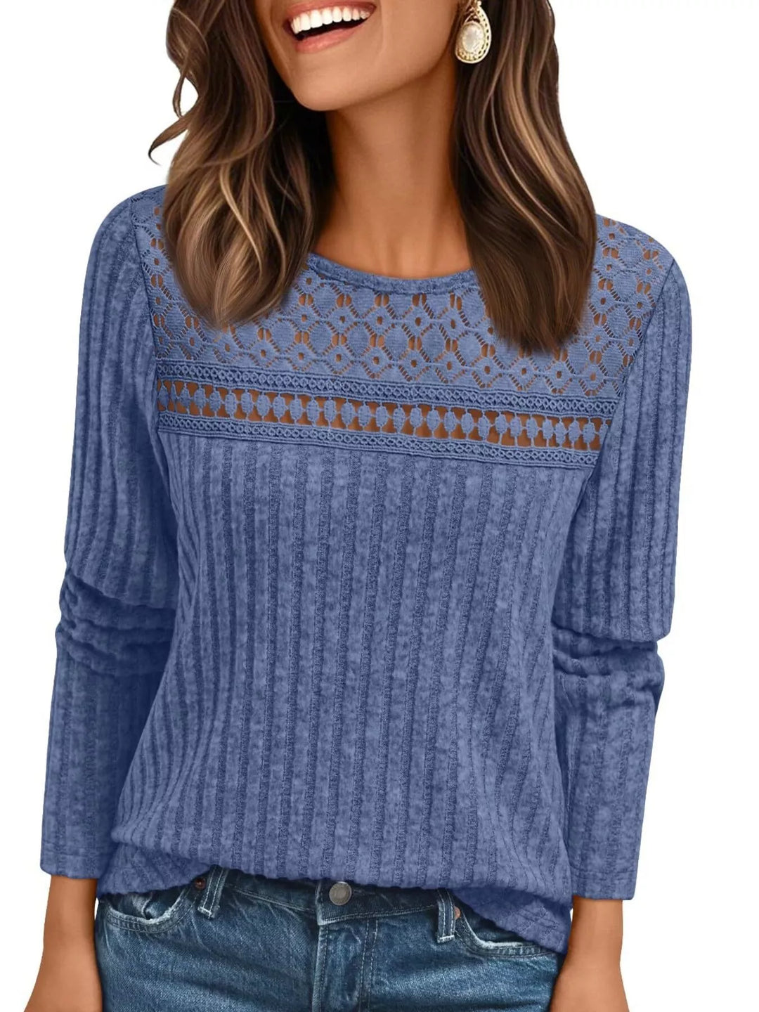 Ribbed knit long sleeve top with lace yoke