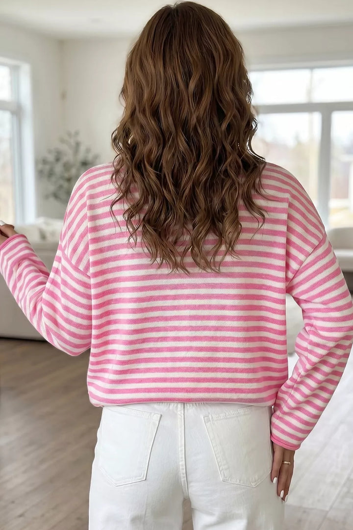 Striped drop shoulder henley sweater with button placket