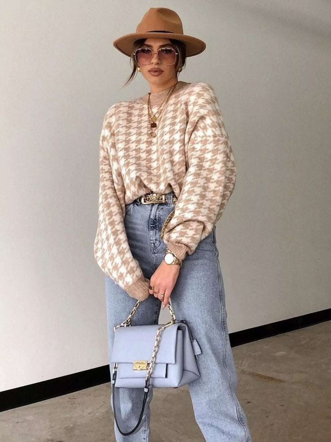 Khaki Houndstooth oversized crewneck knit sweater