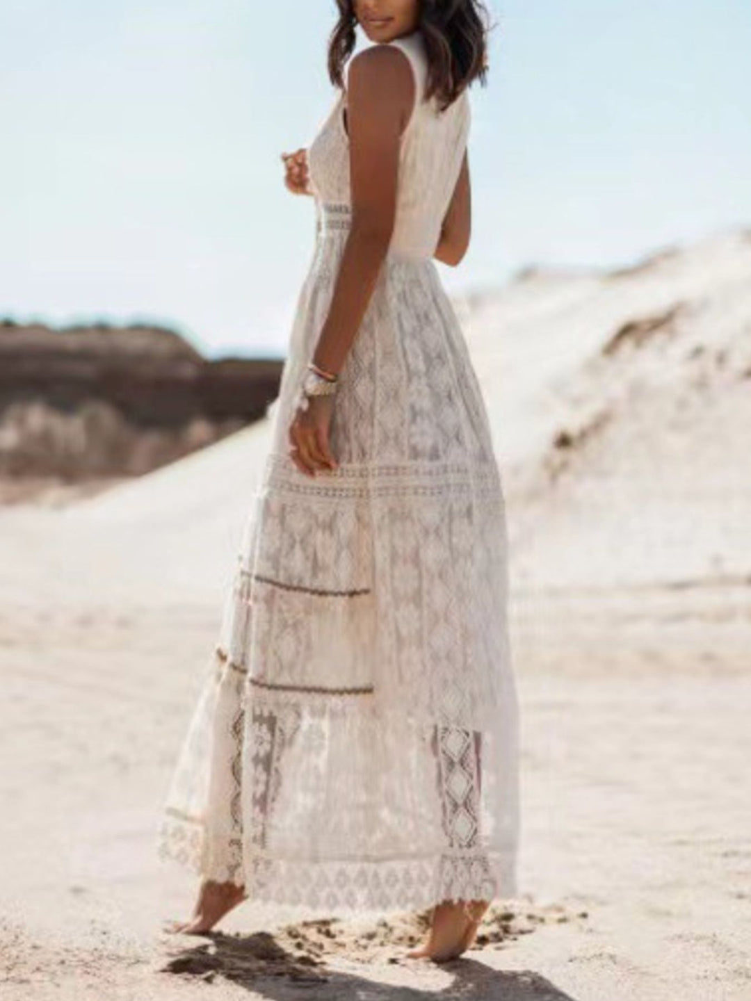 Crochet lace sleeveless V-neck maxi dress with tassel trim