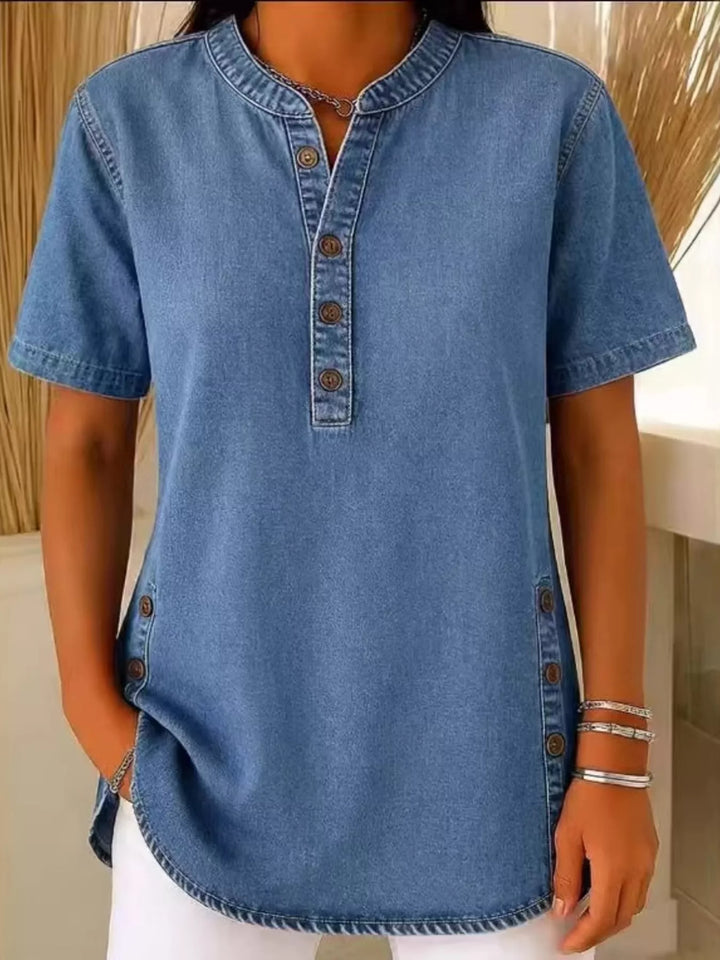 Blue Denim-look button-front short sleeve blouse with side slits