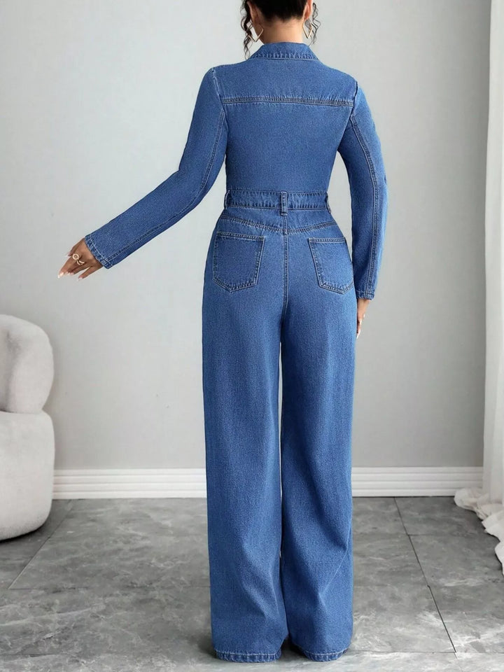 Button front wide leg denim jumpsuit with collar
