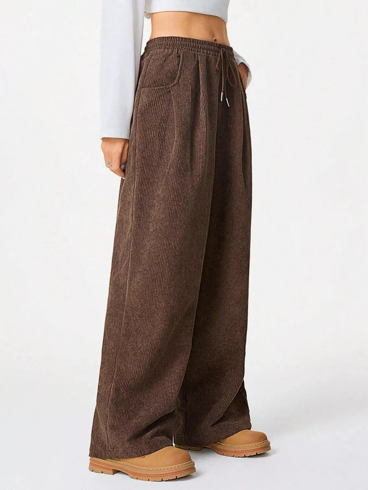 Brown Wide-leg corduroy drawstring pants with pockets