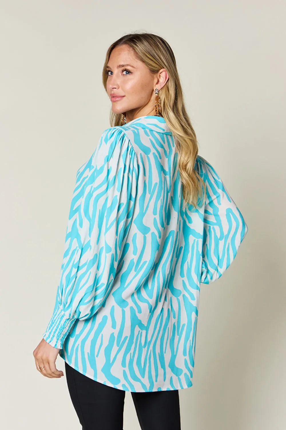 Zebra print smocked-cuff long sleeve blouse