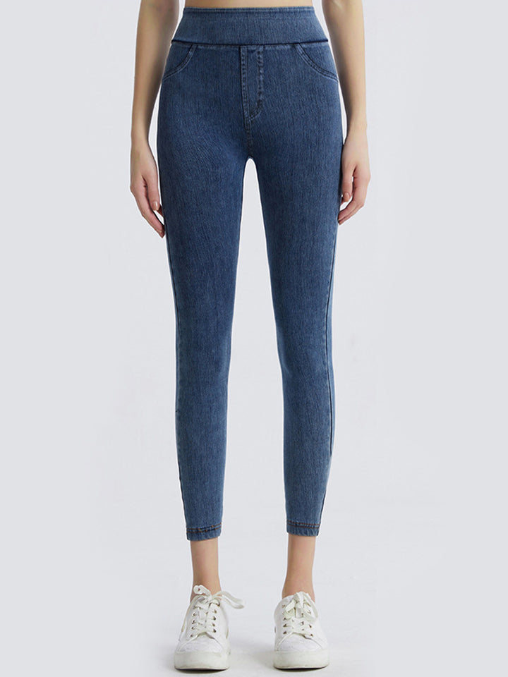 High-waist denim-look sports leggings with faux pockets