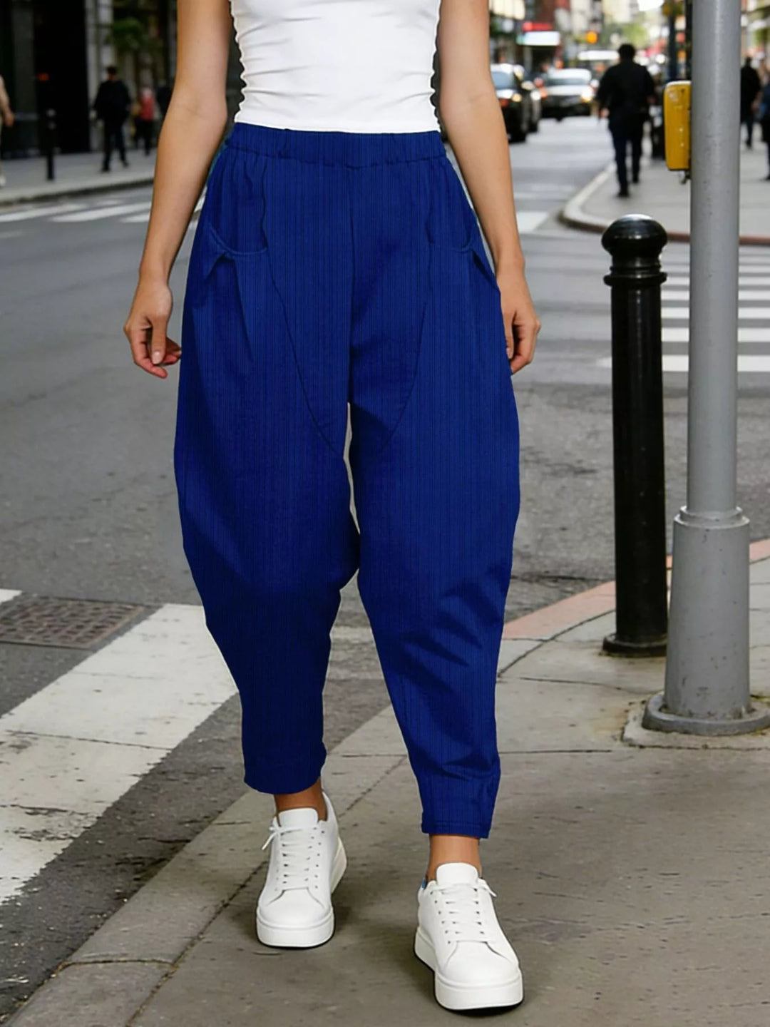 Royal Blue Plus size elastic waist harem pants with side pockets