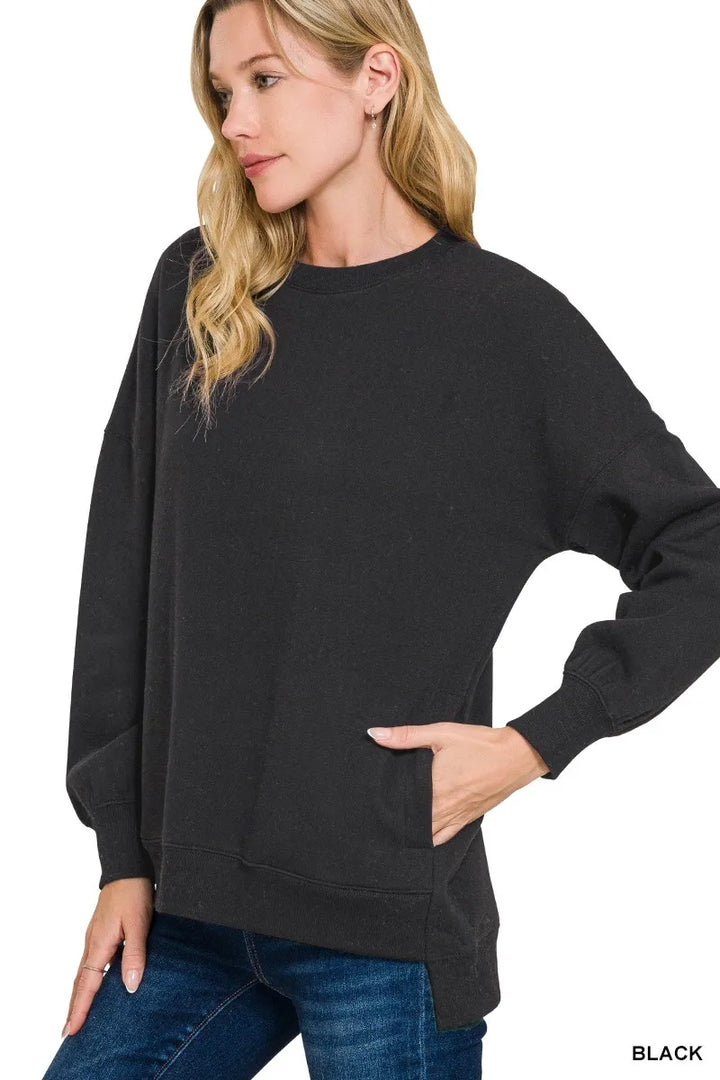 BLACK Hi-low fleece boyfriend sweatshirt with side pockets