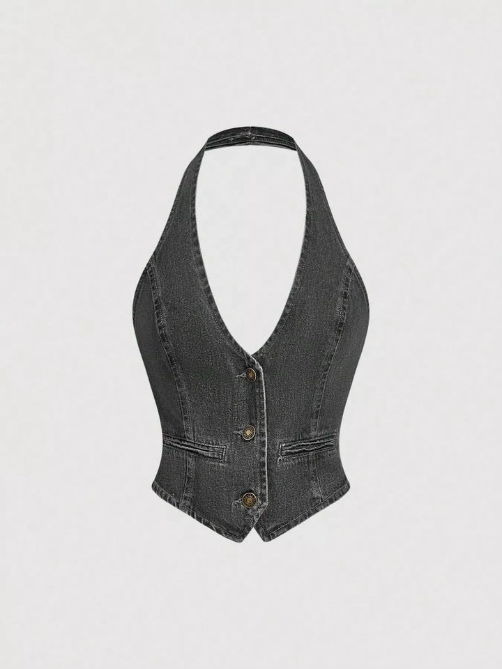 Halter denim vest and wide-leg jeans two-piece set